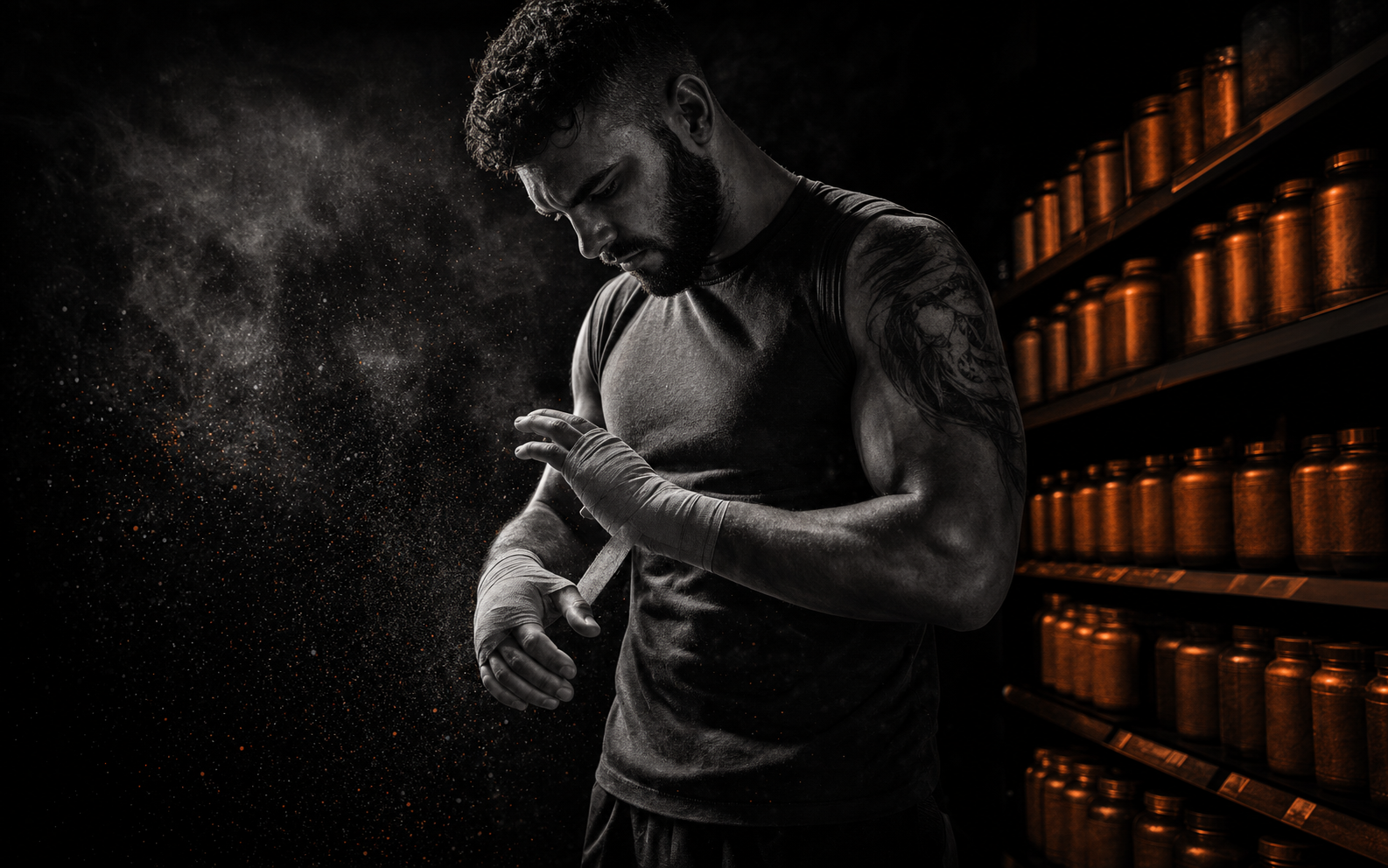 Athlete wrapping his hands beside a performance retail display